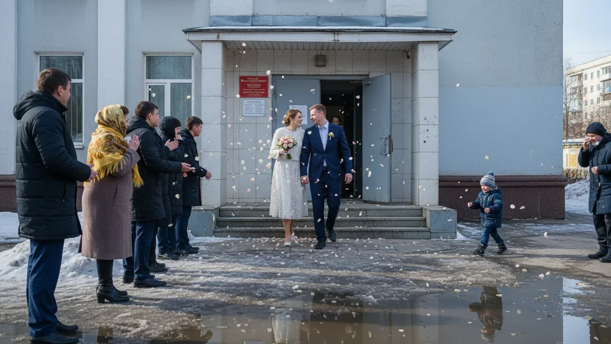 Жених и невеста выходят из ЗАГСа ранней весной, вокруг талый снег