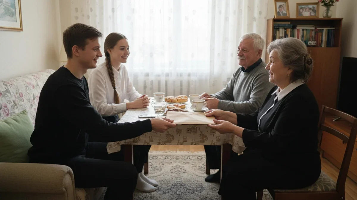 Пара вручает бумажное приглашение старшим родственникам